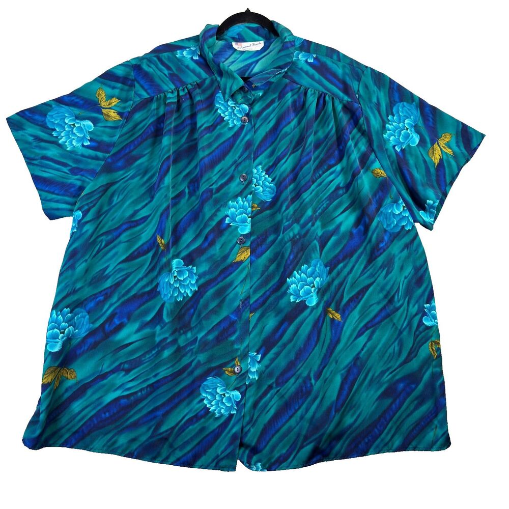 A Personal Touch Shirt Womens 4X Blue Button Up Short Sleeve Made in USA Vintage